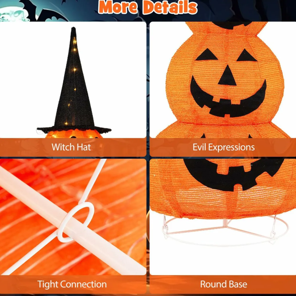 Tangkula 5 FT Lighted Halloween Collapsible Stacked Pumpkins with Witch Hat, 100 LED Lights