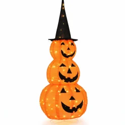 Tangkula 5 FT Lighted Halloween Collapsible Stacked Pumpkins with Witch Hat, 100 LED Lights