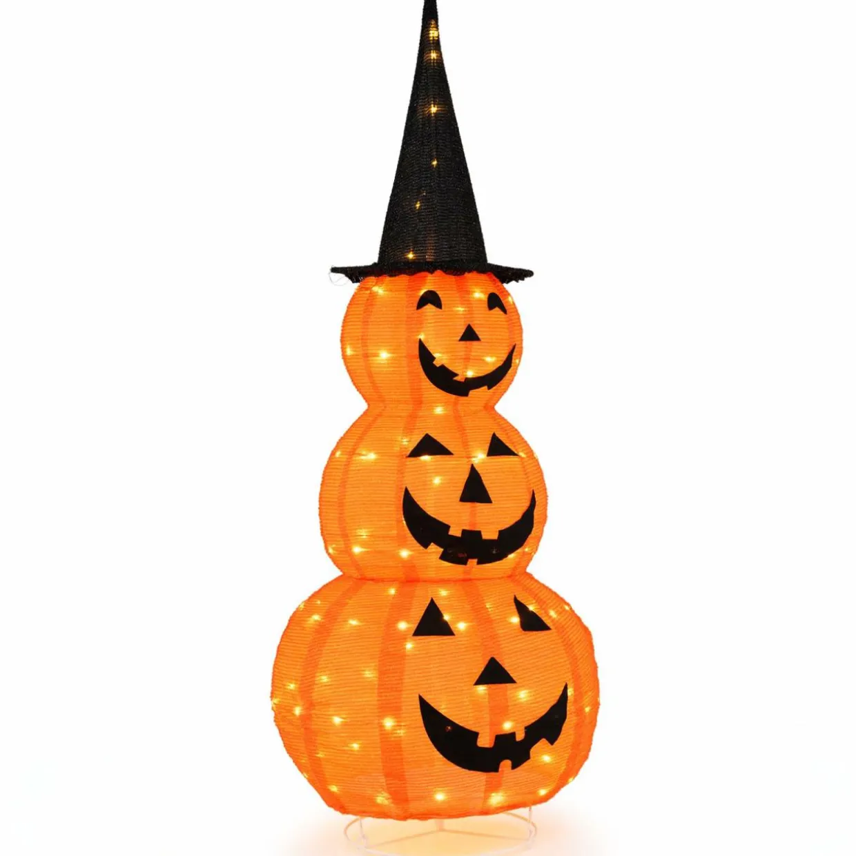Tangkula 5 FT Lighted Halloween Collapsible Stacked Pumpkins with Witch Hat, 100 LED Lights