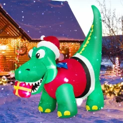 Tangkula 6 FT Lighted Inflatable Christmas Dinosaur Bite a Gift Box
