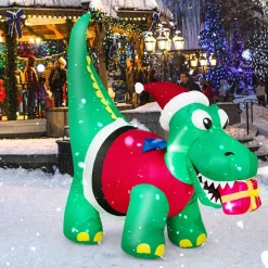 Tangkula 6 FT Lighted Inflatable Christmas Dinosaur Bite a Gift Box