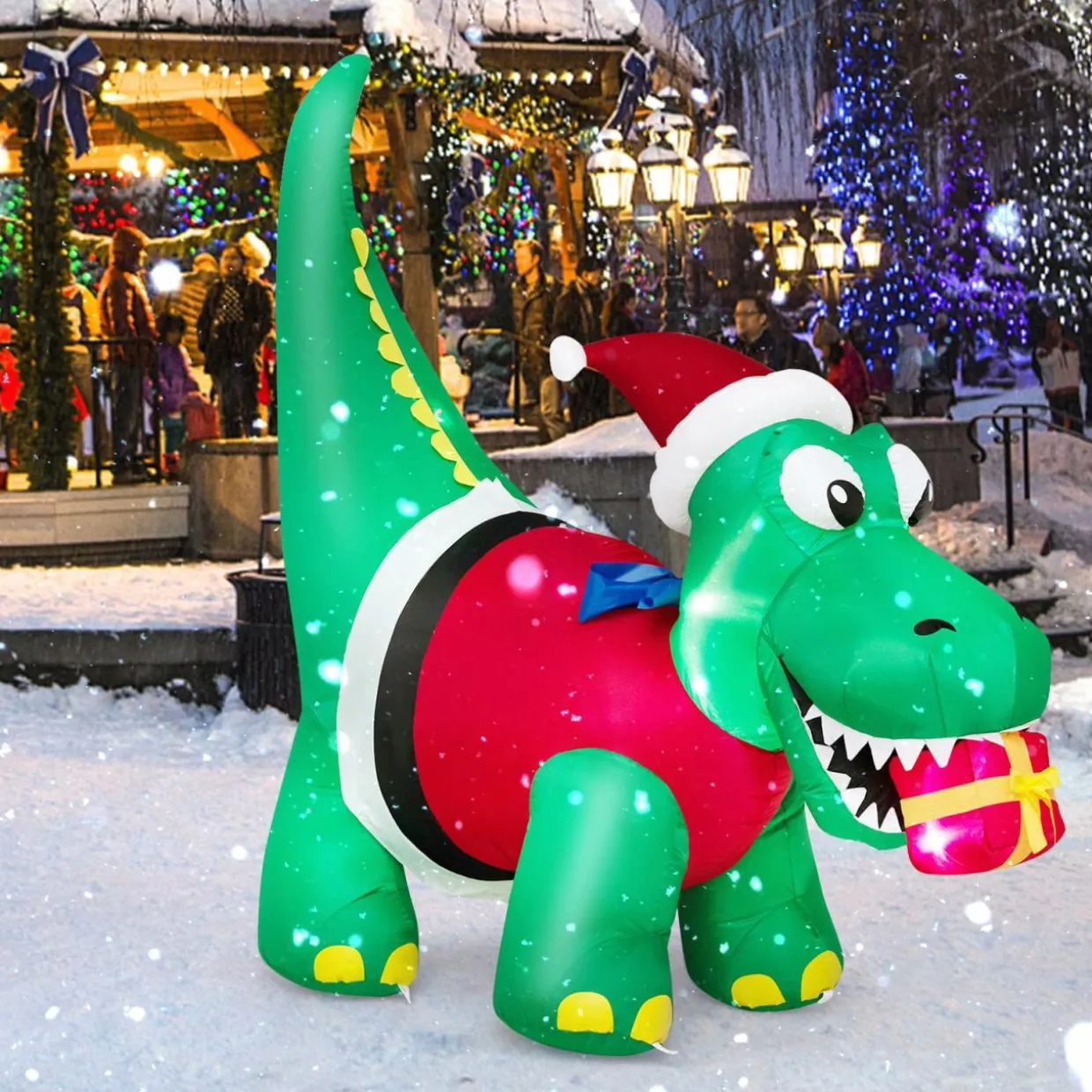 Tangkula 6 FT Lighted Inflatable Christmas Dinosaur Bite a Gift Box
