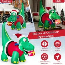 Tangkula 6 FT Lighted Inflatable Christmas Dinosaur Bite a Gift Box