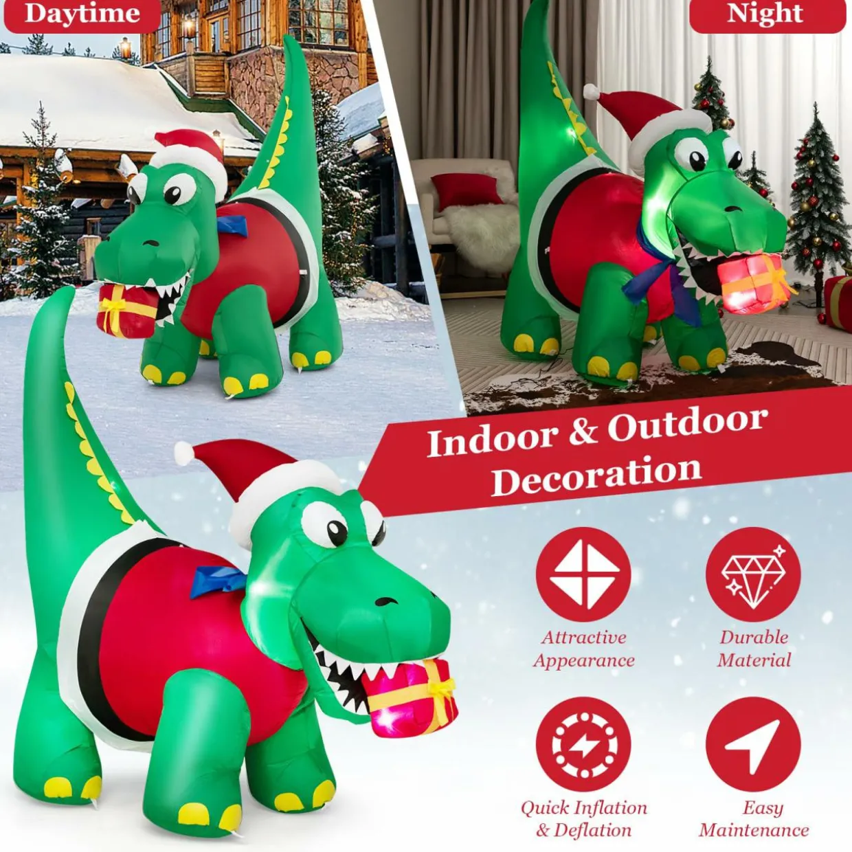 Tangkula 6 FT Lighted Inflatable Christmas Dinosaur Bite a Gift Box