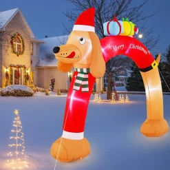 Tangkula 10 FT Lighted Inflatable Christmas Dachshund Arch, Blow Up Christmas Arch w/LEDs & Built-in Air Blower