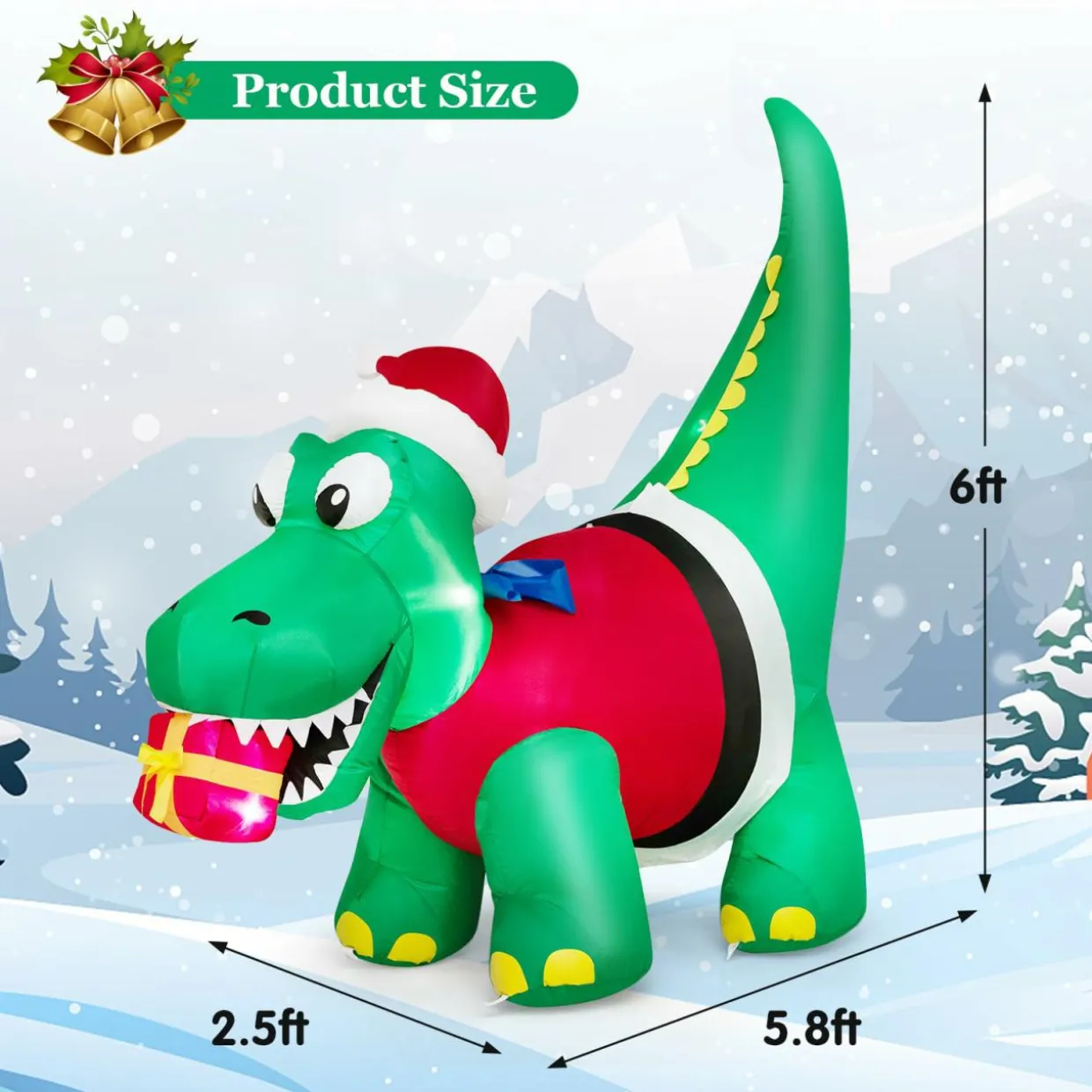 Tangkula 6 FT Lighted Inflatable Christmas Dinosaur Bite a Gift Box