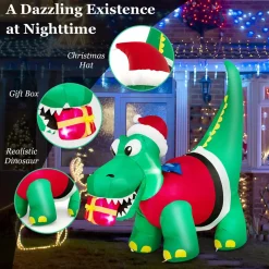 Tangkula 6 FT Lighted Inflatable Christmas Dinosaur Bite a Gift Box