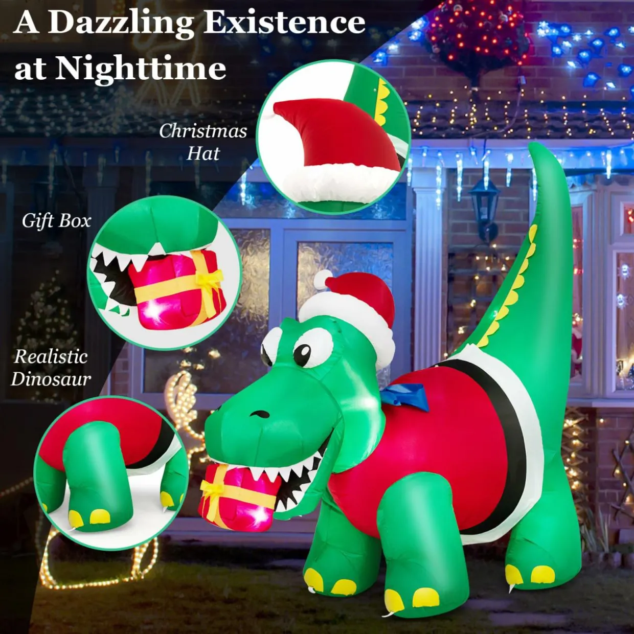 Tangkula 6 FT Lighted Inflatable Christmas Dinosaur Bite a Gift Box