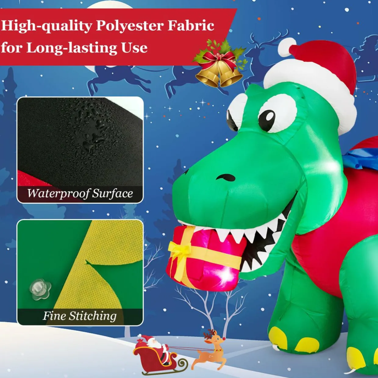 Tangkula 6 FT Lighted Inflatable Christmas Dinosaur Bite a Gift Box