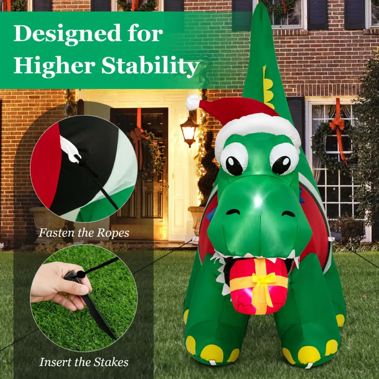 Tangkula 6 FT Lighted Inflatable Christmas Dinosaur Bite a Gift Box