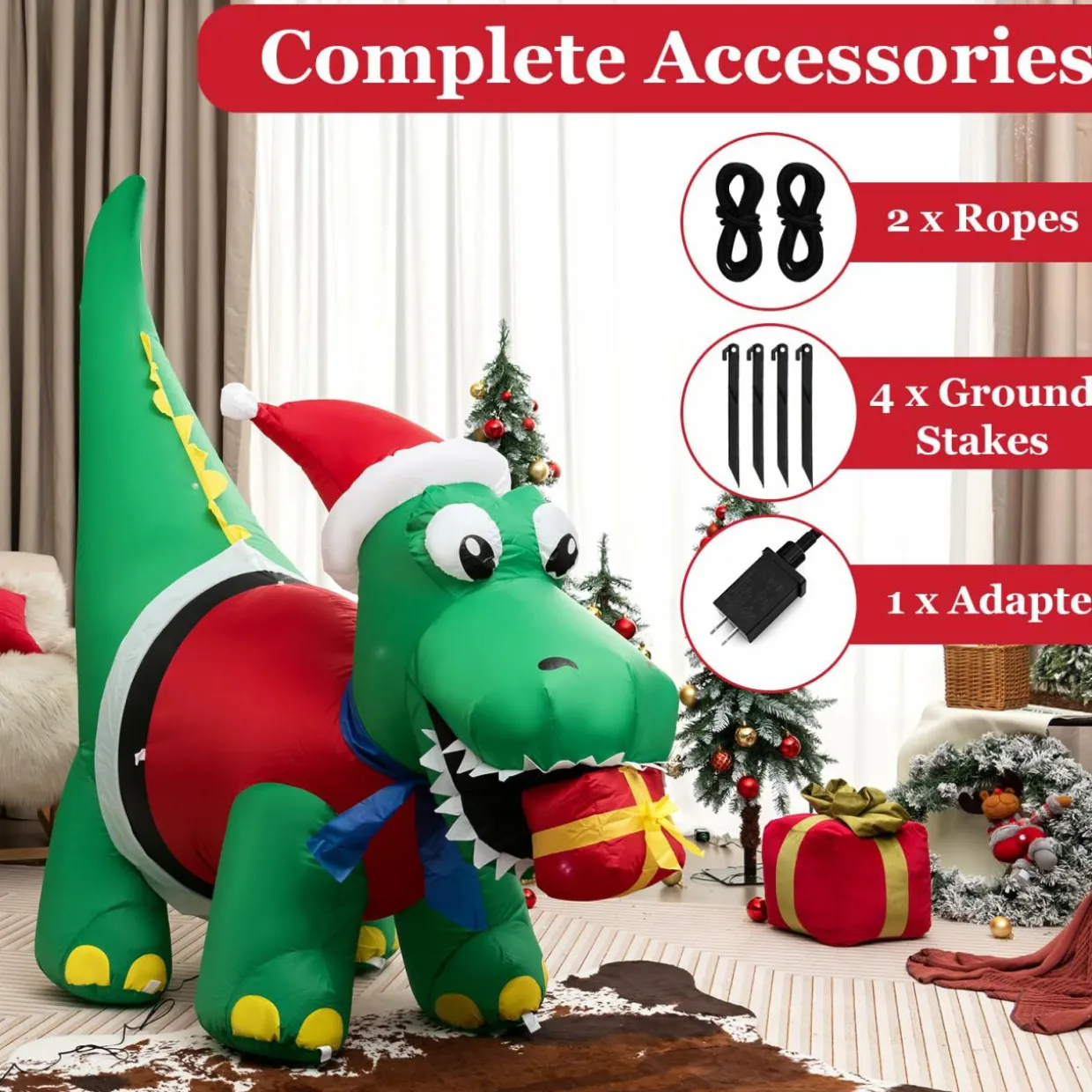 Tangkula 6 FT Lighted Inflatable Christmas Dinosaur Bite a Gift Box
