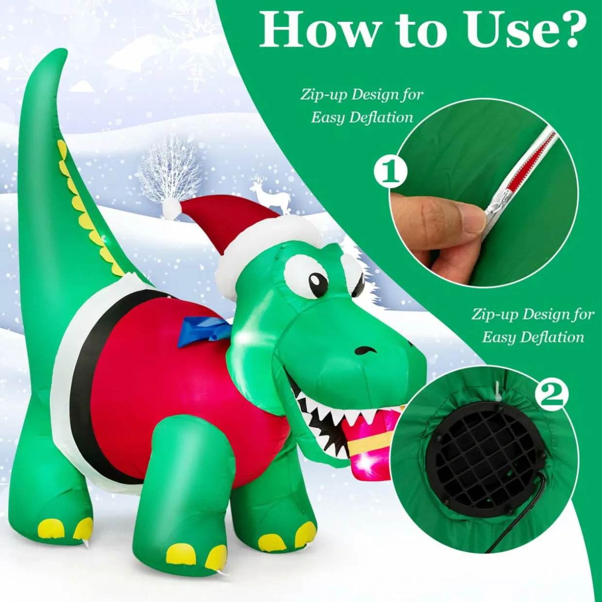 Tangkula 6 FT Lighted Inflatable Christmas Dinosaur Bite a Gift Box