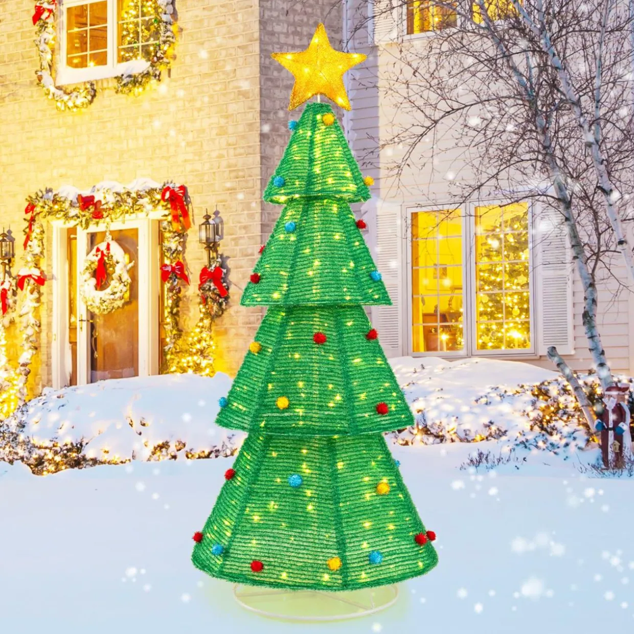 Tangkula 6.2 FT Lighted Pop-up Christmas Tree, Indoor/Outdoor Pre-Lit Xmas Tree with 200 LED Lights