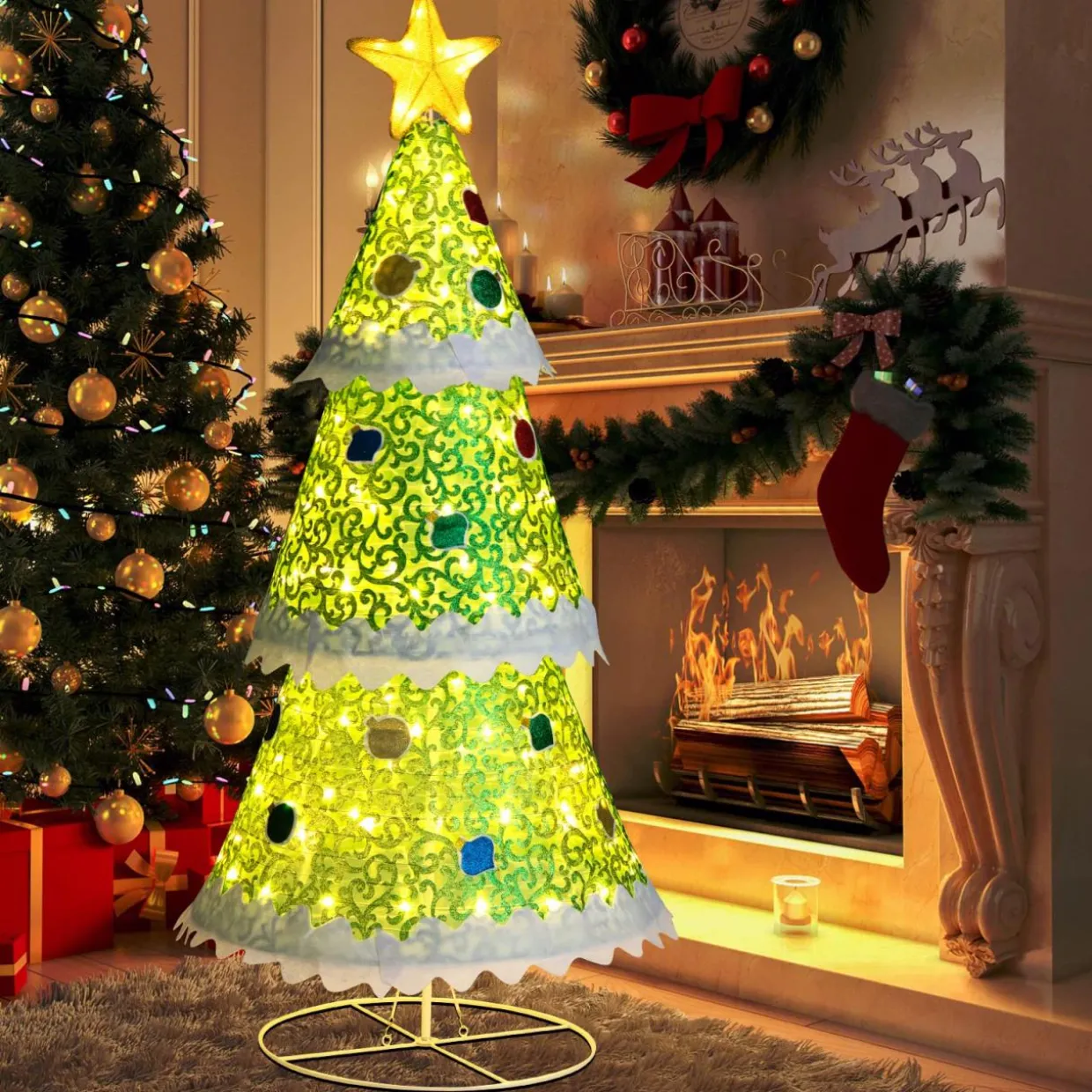 Tangkula 4.6 FT Lighted Pop-up Christmas Tree, Collapsible Artificial Xmas Tree