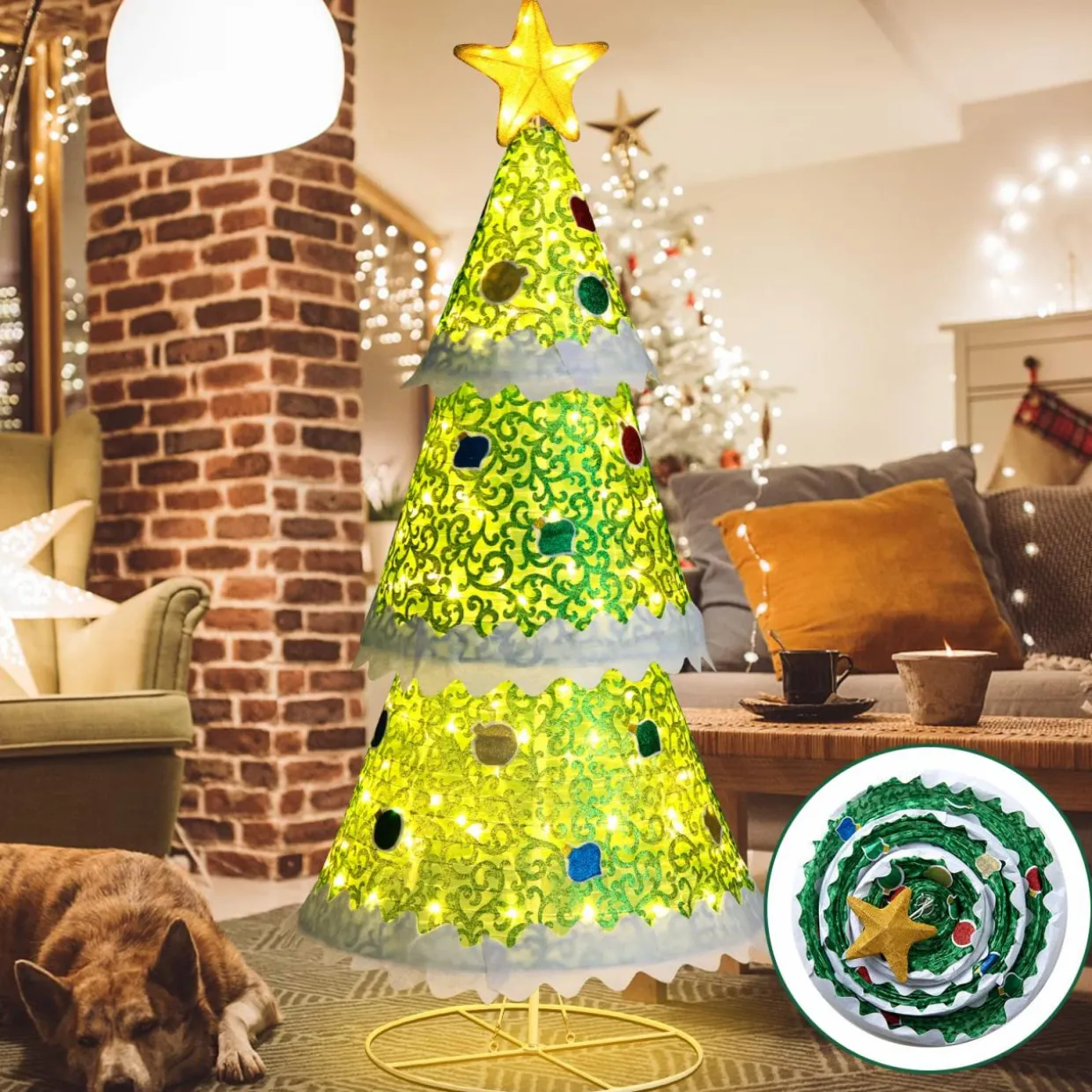 Tangkula 4.6 FT Lighted Pop-up Christmas Tree, Collapsible Artificial Xmas Tree