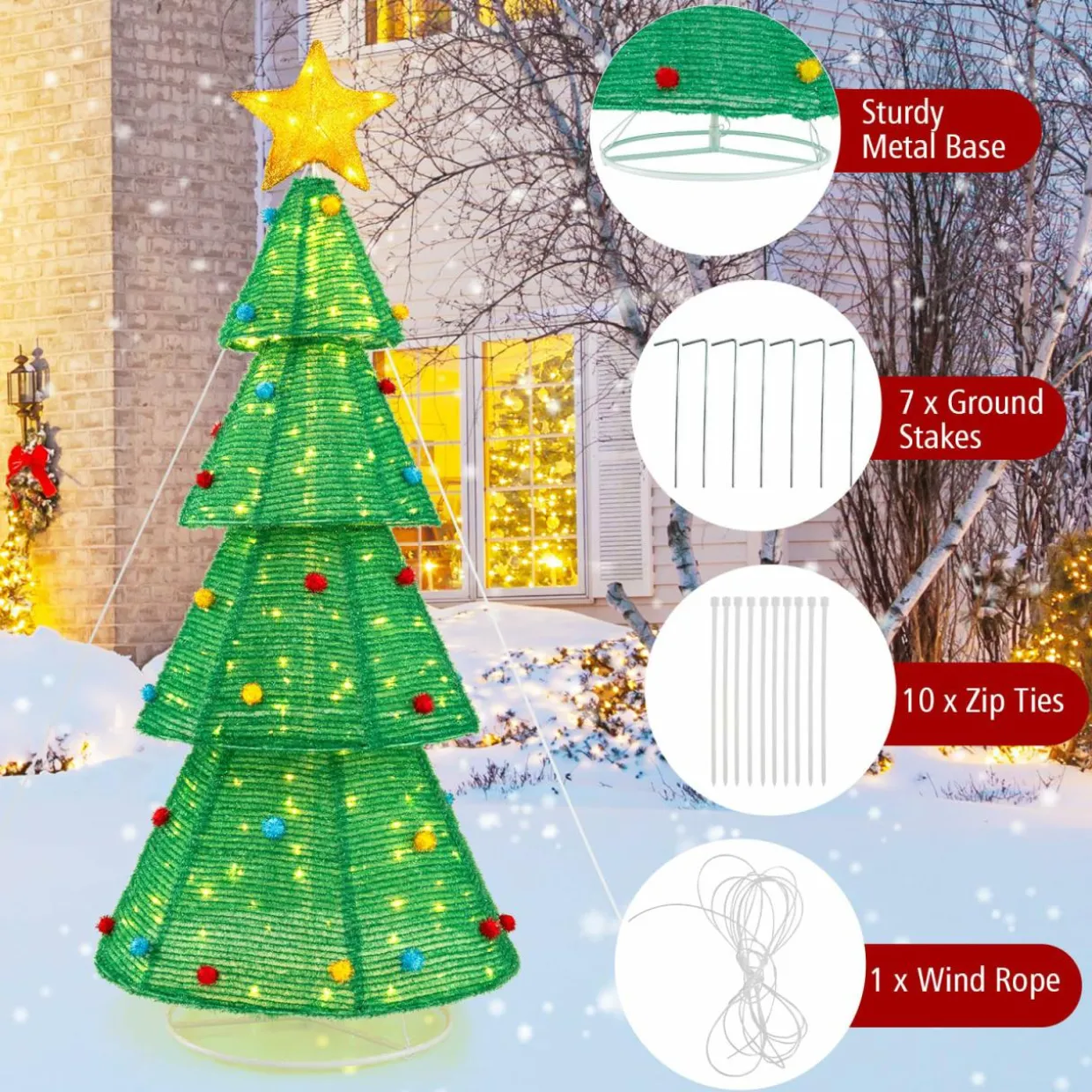 Tangkula 6.2 FT Lighted Pop-up Christmas Tree, Indoor/Outdoor Pre-Lit Xmas Tree with 200 LED Lights