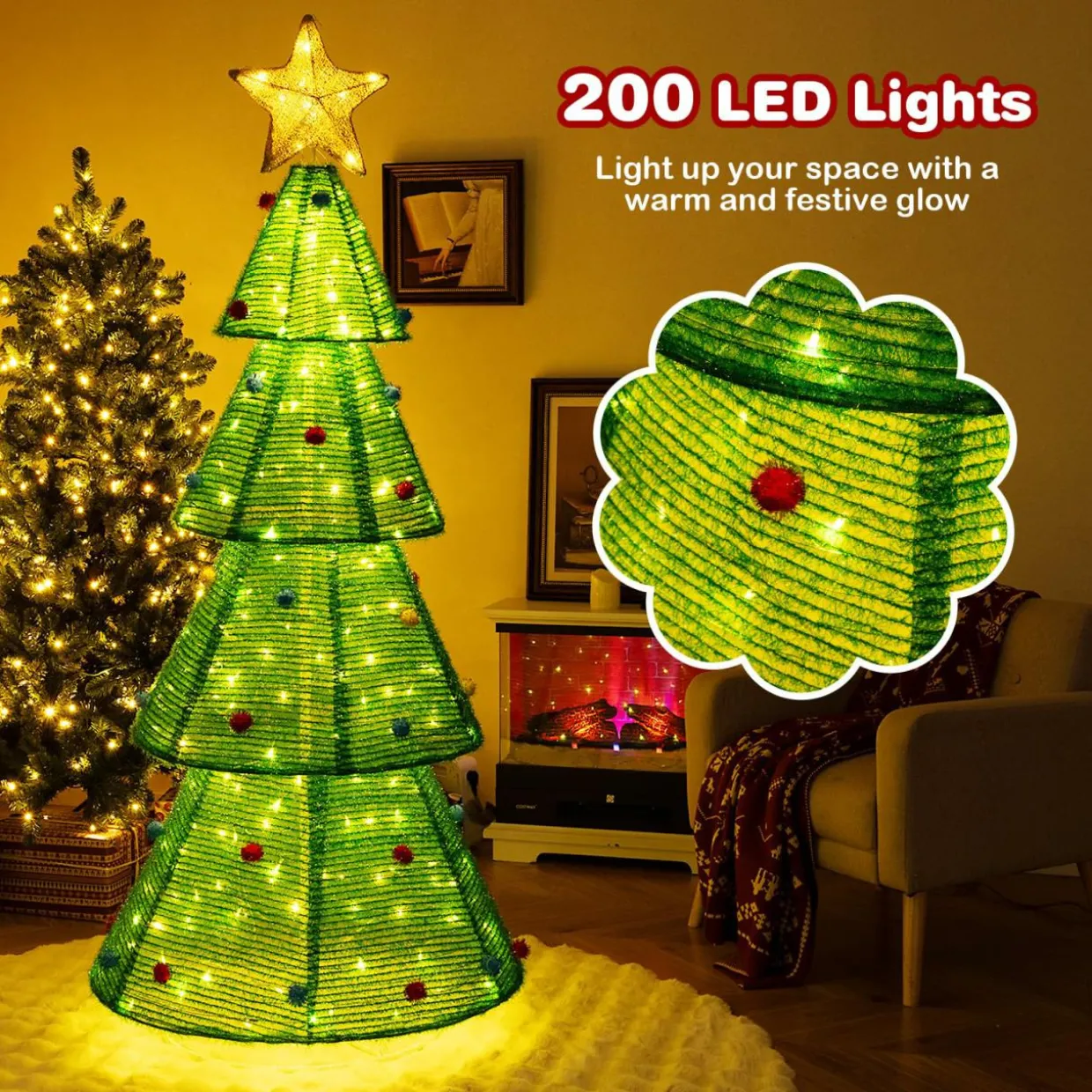 Tangkula 6.2 FT Lighted Pop-up Christmas Tree, Indoor/Outdoor Pre-Lit Xmas Tree with 200 LED Lights