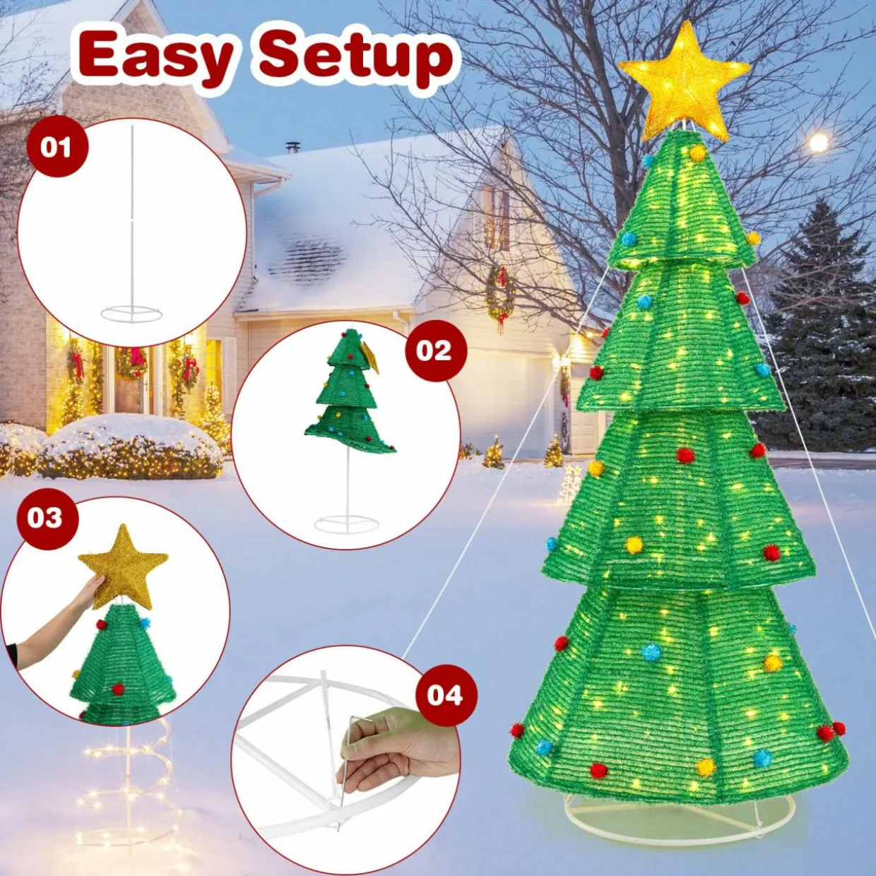 Tangkula 6.2 FT Lighted Pop-up Christmas Tree, Indoor/Outdoor Pre-Lit Xmas Tree with 200 LED Lights