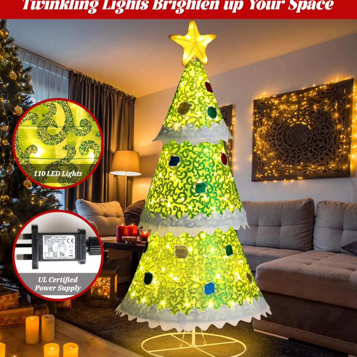 Tangkula 4.6 FT Lighted Pop-up Christmas Tree, Collapsible Artificial Xmas Tree