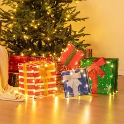 Tangkula 4 FT Lighted Stacked Gift Boxes, Light up Box Tower Christmas Decorations with Built-in LED Lights & Decorative Bows