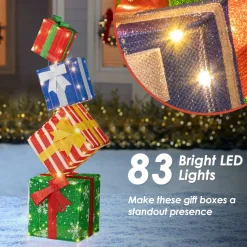 Tangkula 4 FT Lighted Stacked Gift Boxes, Light up Box Tower Christmas Decorations with Built-in LED Lights & Decorative Bows
