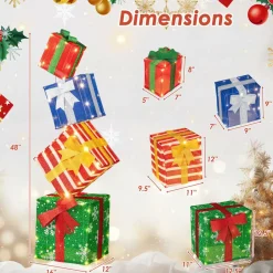 Tangkula 4 FT Lighted Stacked Gift Boxes, Light up Box Tower Christmas Decorations with Built-in LED Lights & Decorative Bows