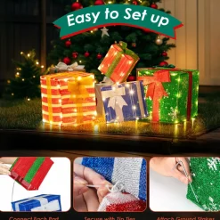 Tangkula 4 FT Lighted Stacked Gift Boxes, Light up Box Tower Christmas Decorations with Built-in LED Lights & Decorative Bows