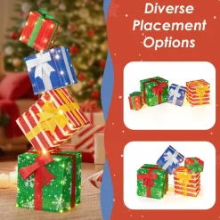 Tangkula 4 FT Lighted Stacked Gift Boxes, Light up Box Tower Christmas Decorations with Built-in LED Lights & Decorative Bows