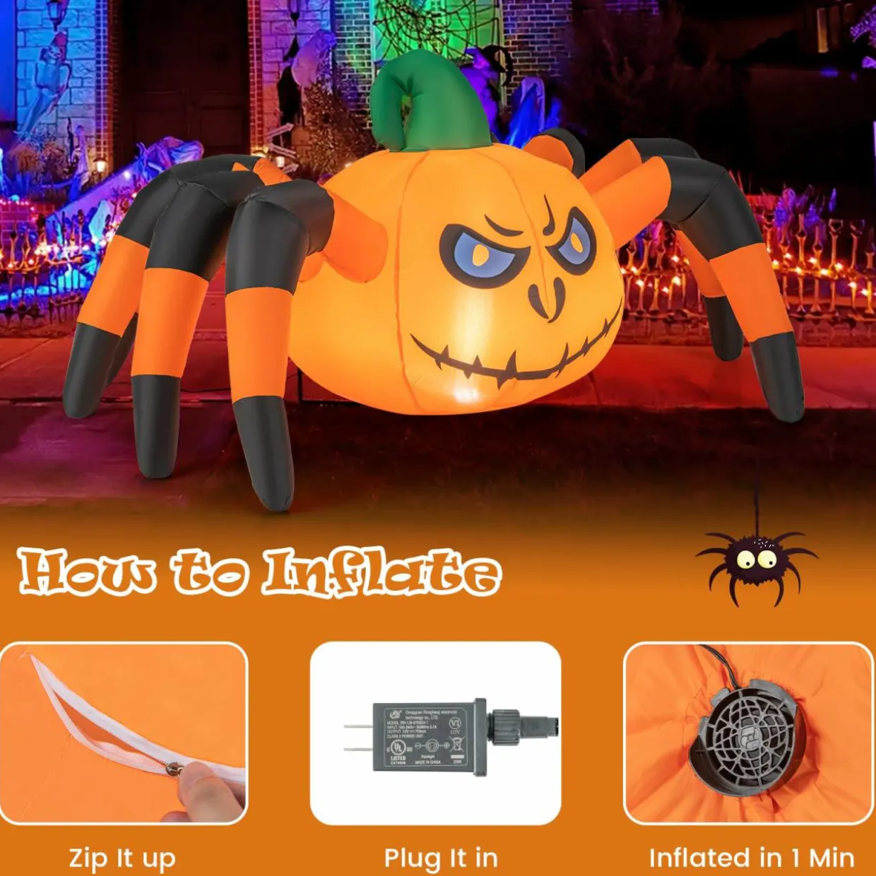 Tangkula 5 FT Long Halloween Inflatable Pumpkin Spider
