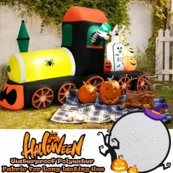 Tangkula 8 FT Long Halloween Inflatable Skeleton Ride on Train