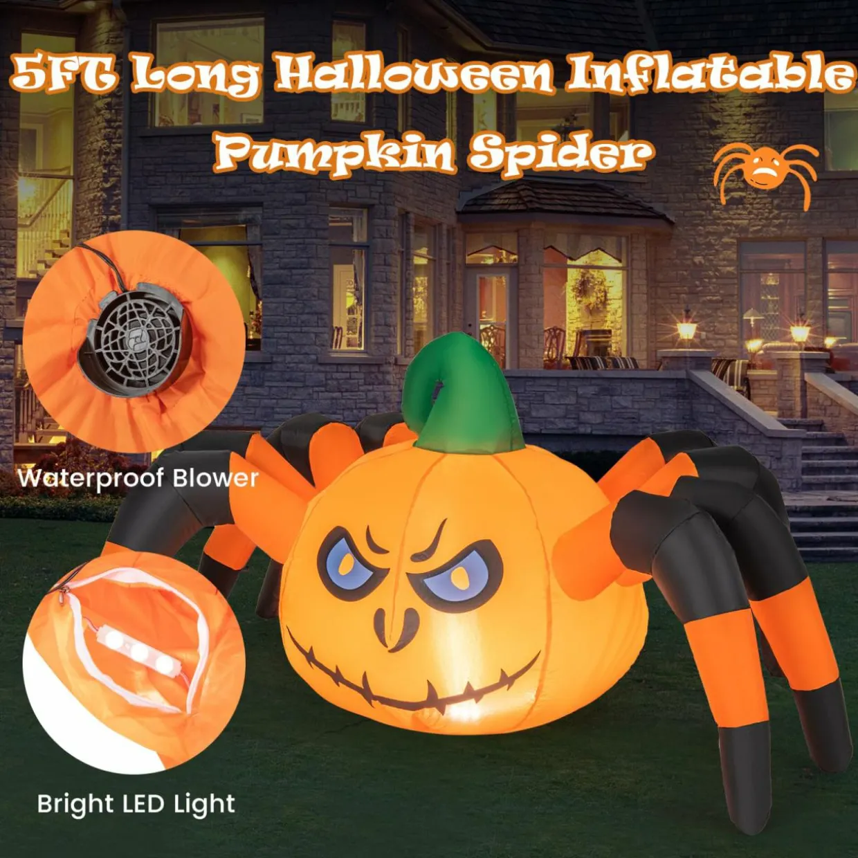 Tangkula 5 FT Long Halloween Inflatable Pumpkin Spider