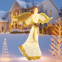 Tangkula 5.2 FT Outdoor Christmas Lighted Angel, Xmas Pre-lit 3D Winged Angel with Halo