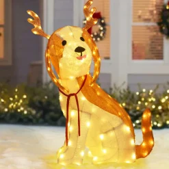 Tangkula 3.7 FT Outdoor Christmas Lighted Dog, 3D Xmas Beagle Dog with Antler, Furry Surface & 164 Warm White LED Lights