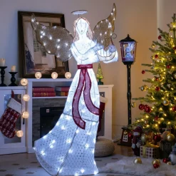 Tangkula 5 FT Outdoor Christmas Lighted Angel, Xmas Yard Pre-Lit Angel with Harp, Halo & 120 Cold White LED Lights