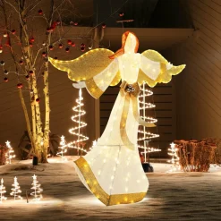 Tangkula 5.2 FT Outdoor Christmas Lighted Angel, Xmas Pre-lit 3D Winged Angel with Halo