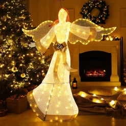 Tangkula 5.2 FT Outdoor Christmas Lighted Angel, Xmas Pre-lit 3D Winged Angel with Halo