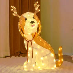 Tangkula 3.7 FT Outdoor Christmas Lighted Dog, 3D Xmas Beagle Dog with Antler, Furry Surface & 164 Warm White LED Lights