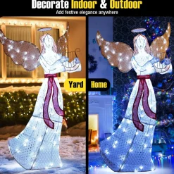 Tangkula 5 FT Outdoor Christmas Lighted Angel, Xmas Yard Pre-Lit Angel with Harp, Halo & 120 Cold White LED Lights