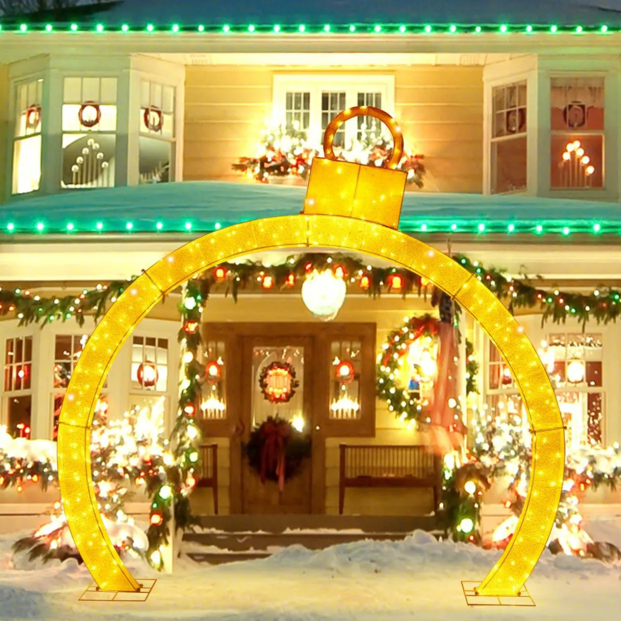 Tangkula 10.5 FT Outdoor Christmas Lighted Archway with Gold Ornament Cap