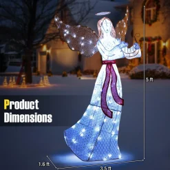 Tangkula 5 FT Outdoor Christmas Lighted Angel, Xmas Yard Pre-Lit Angel with Harp, Halo & 120 Cold White LED Lights