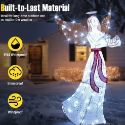 Tangkula 5 FT Outdoor Christmas Lighted Angel, Xmas Yard Pre-Lit Angel with Harp, Halo & 120 Cold White LED Lights
