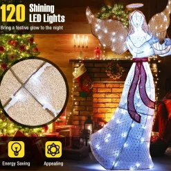 Tangkula 5 FT Outdoor Christmas Lighted Angel, Xmas Yard Pre-Lit Angel with Harp, Halo & 120 Cold White LED Lights