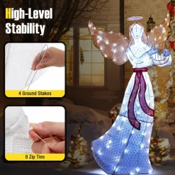 Tangkula 5 FT Outdoor Christmas Lighted Angel, Xmas Yard Pre-Lit Angel with Harp, Halo & 120 Cold White LED Lights