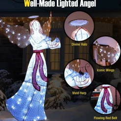 Tangkula 5 FT Outdoor Christmas Lighted Angel, Xmas Yard Pre-Lit Angel with Harp, Halo & 120 Cold White LED Lights