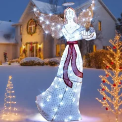 Tangkula 5 FT Outdoor Christmas Lighted Angel, Xmas Yard Pre-Lit Angel with Harp, Halo & 120 Cold White LED Lights