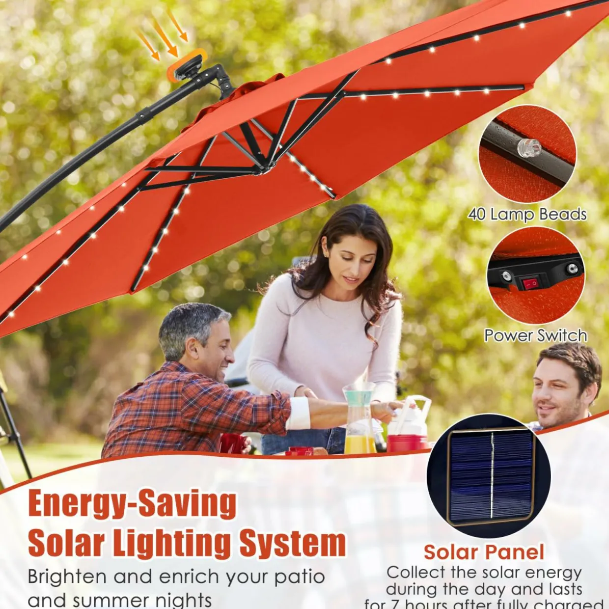 Tangkula 10 Ft Patio Offset Umbrella, 40 LED Lighted Market Umbrella W/8 Sturdy Ribs, Easy Tilt Adjustment & Crank (Orange)