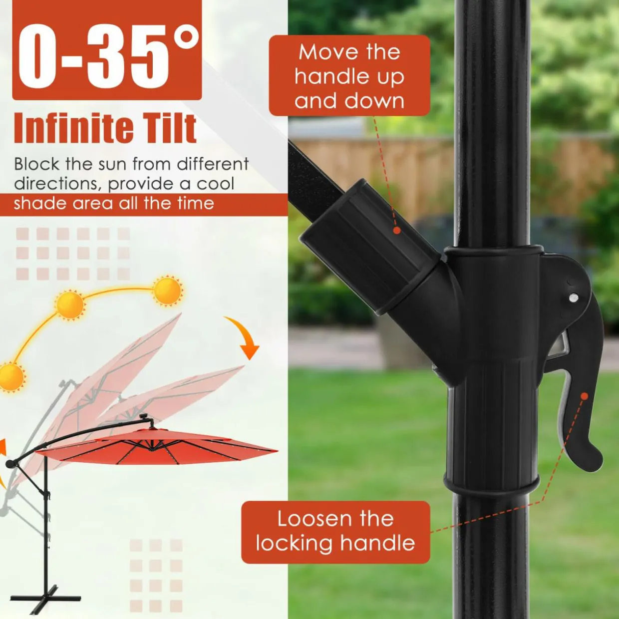 Tangkula 10 Ft Patio Offset Umbrella, 40 LED Lighted Market Umbrella W/8 Sturdy Ribs, Easy Tilt Adjustment & Crank (Orange)