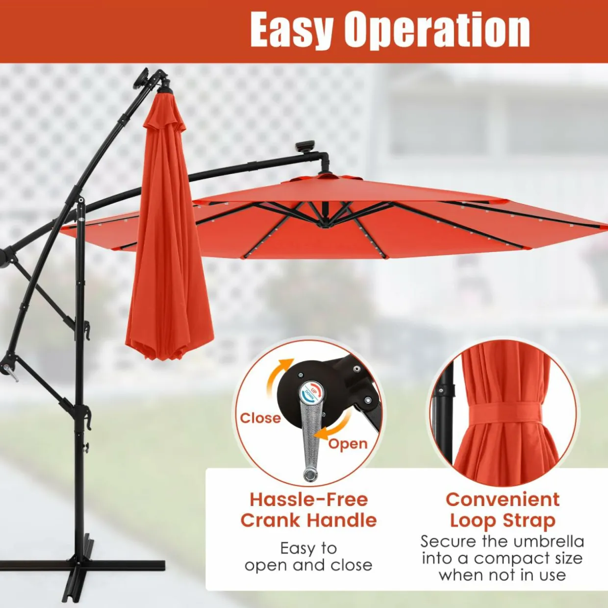 Tangkula 10 Ft Patio Offset Umbrella, 40 LED Lighted Market Umbrella W/8 Sturdy Ribs, Easy Tilt Adjustment & Crank (Orange)