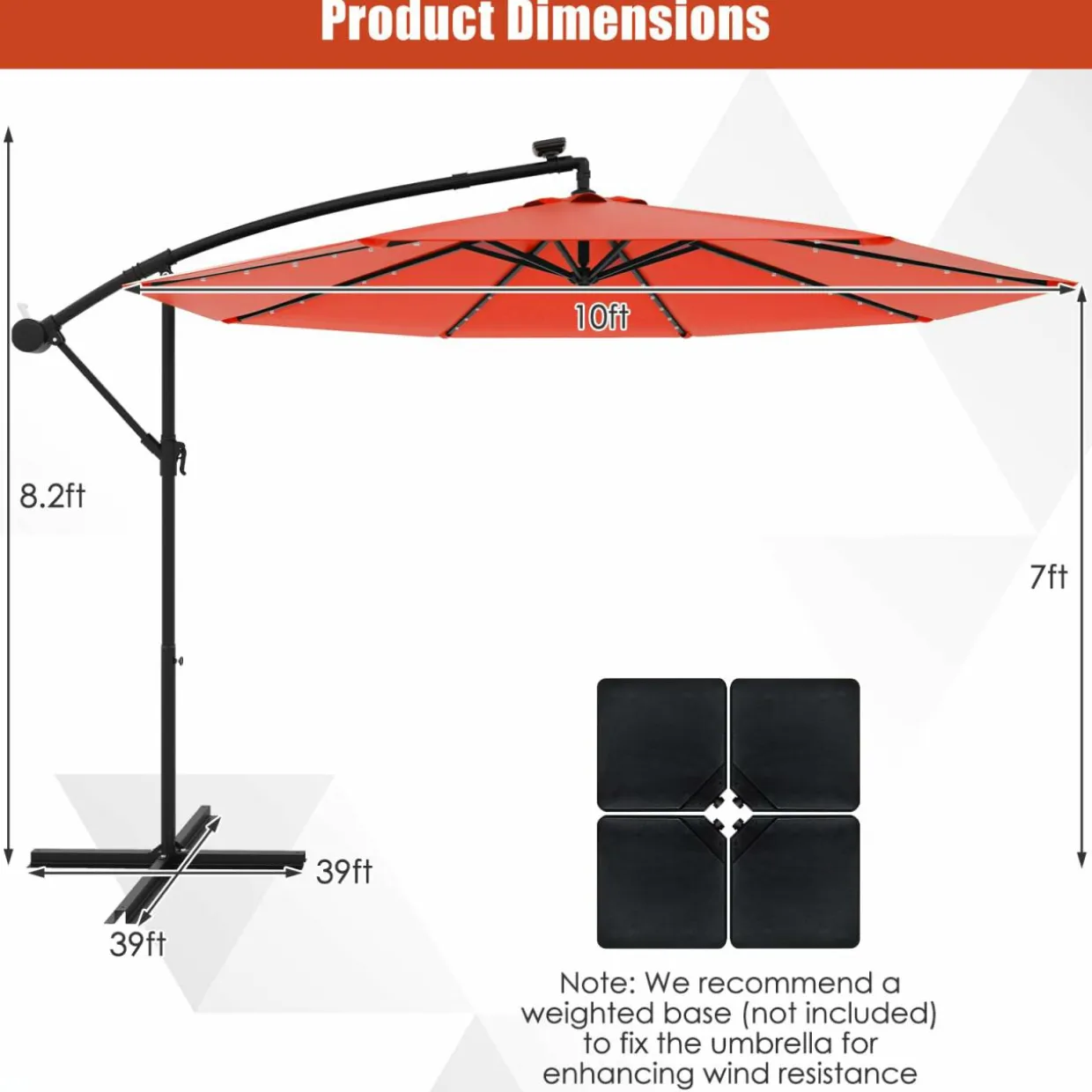 Tangkula 10 Ft Patio Offset Umbrella, 40 LED Lighted Market Umbrella W/8 Sturdy Ribs, Easy Tilt Adjustment & Crank (Orange)