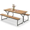 Tangkula 6 FT Picnic Table Bench Set, Outdoor Dining Table & 2 Benches with Heavy-Duty Metal Frame & All-Weather HDPE Tabletop